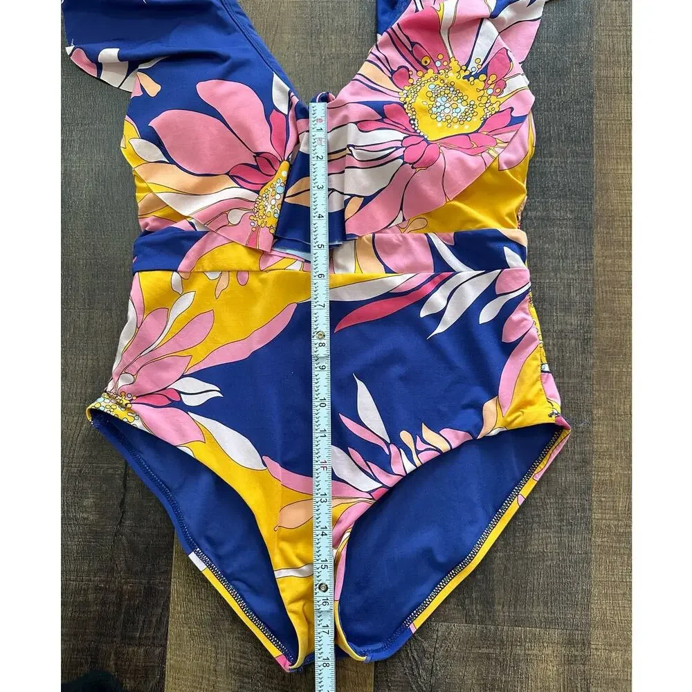 Trina Turk Breeze Ruffle Plunge Floral Print One Piece Swimsuit Size 12